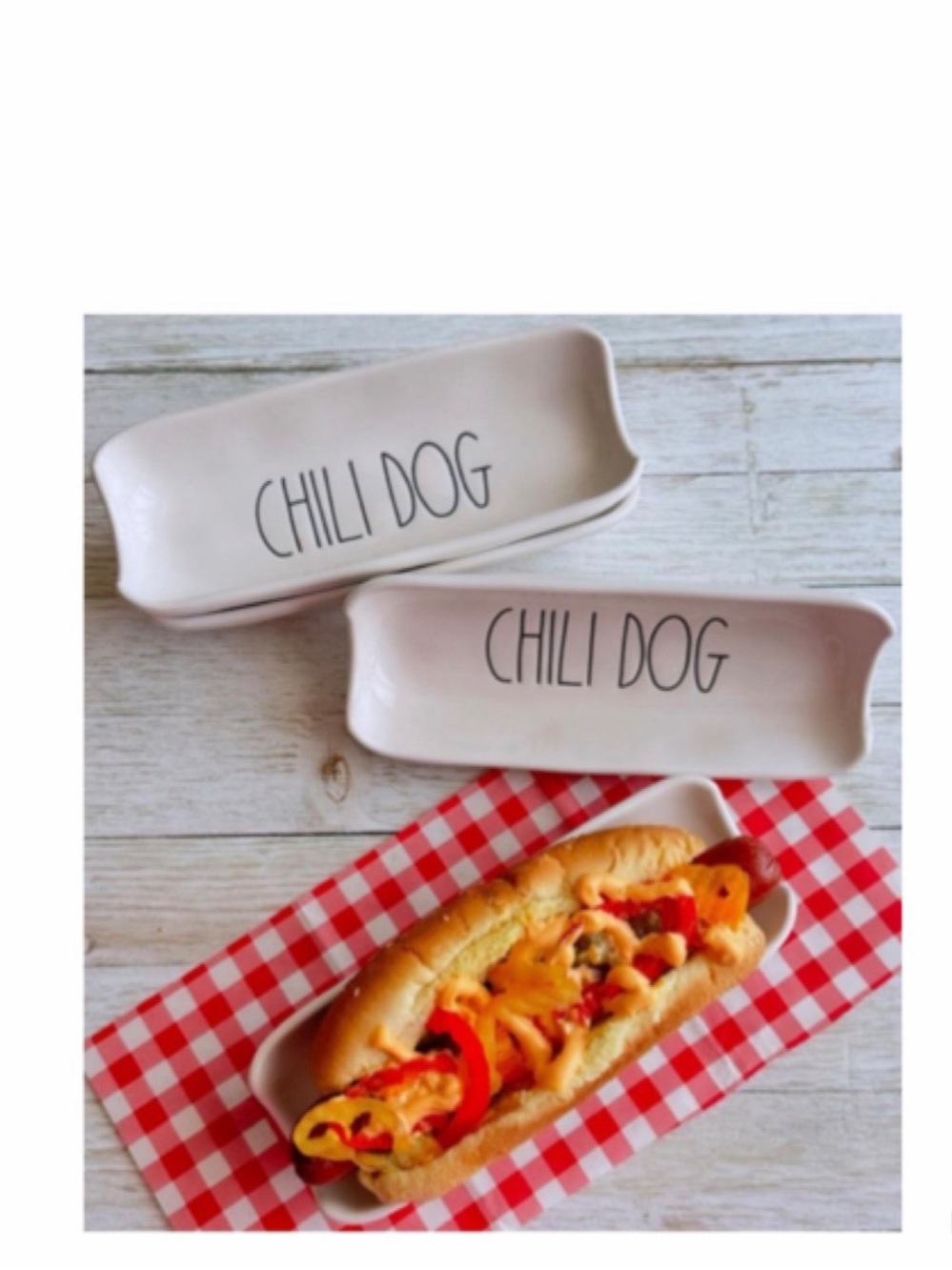 NEW Rae Dunn "CHILI DOG" Ceramic Hot Dog Tray/Cradle Set